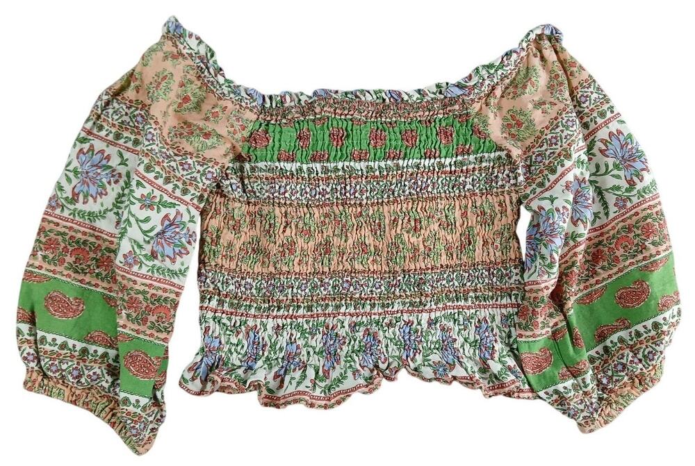 Zara Shirt Womens Small Pink Green Paisley Floral Ruched Cropped Blouse Peasant